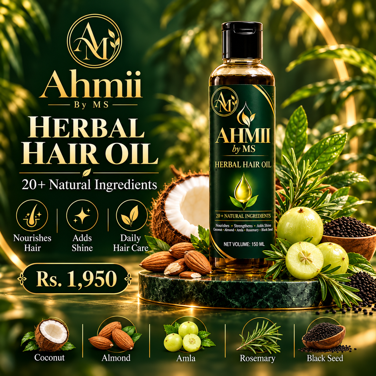 AHMII by MS Herbal Hair Oil botanical two-bottle visual