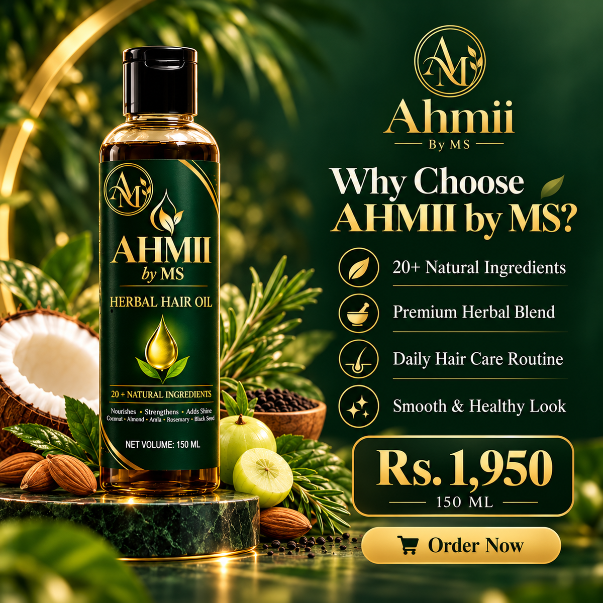 AHMII Herbal Hair Oil premium multi-bottle display